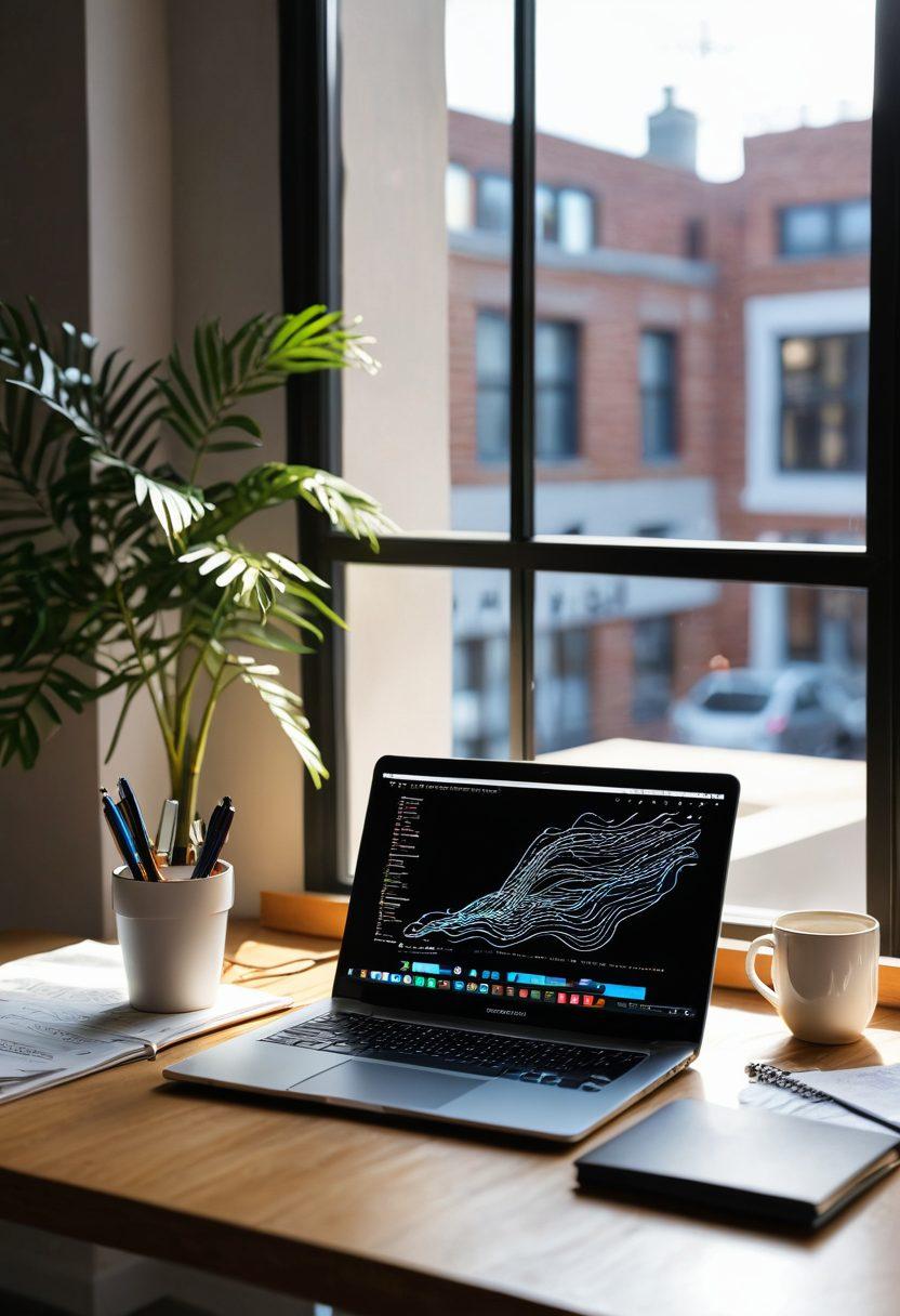 A modern workspace with a sleek laptop displaying intricate lines of code, surrounded by web development tools like coffee, sketchbooks, and smartphone apps. Sunlight filters through a window, casting a warm glow on the creative setup. Minimalist, futuristic decor. super-realistic. vibrant colors.
