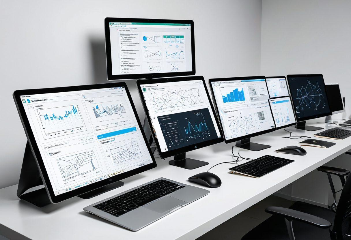 A digital workspace with a sleek, modern aesthetic; computer screens displaying intricate code, flowcharts, and design mockups. On the table, there are tools like graphics tablets, sketches, and notebooks filled with UI/UX designs. Web developers are collaborating creatively, conveying innovation and efficiency. Super-realistic. Vibrant colors. White background.